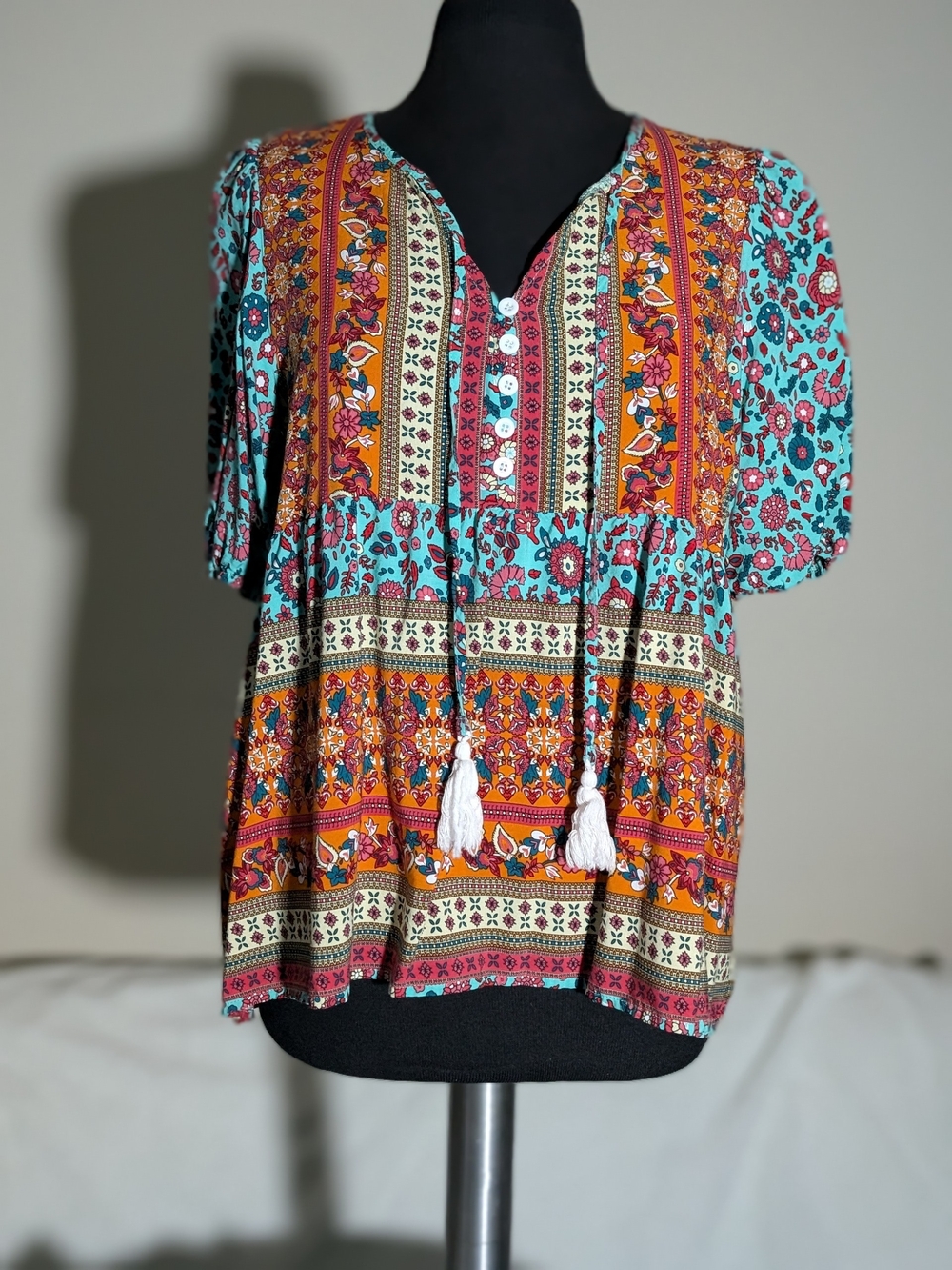 Thrifted SHEIN Teal and Orange Boho Tassel Peasant Top